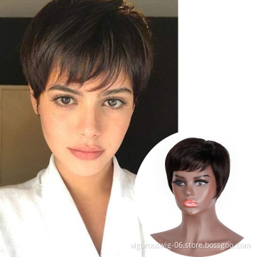 High Quality Wholesale 100% Real Brazilian Raw Short Pixie Cut Natural Black Human Hair Wigs With Side Bangs For Black Women
